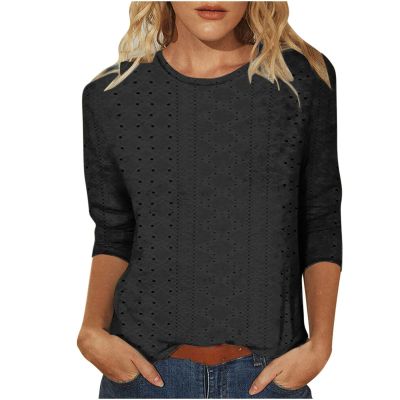 Womens Plus Size Tops Crewneck Eyelet Embroidery Cutout Short Sleeve Tshirts Summer Plain Slim Comfy Button Blouses Eyelet Embroidery Short Sleeve Tops Shirts Solid Retro Plain Holiday T-Shirts Black