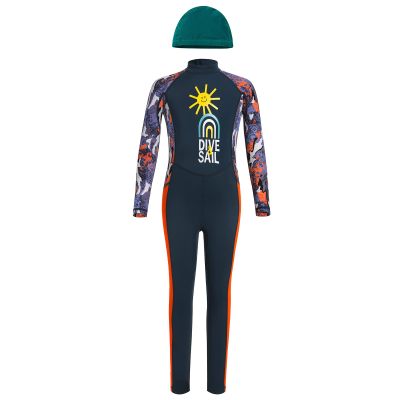 IMEKIS Kids Boys Girls Full Body Wetsuit Rash Guard Long Sleeve One Piece Bathing Suit Swimwear Child Water Sports Diving Surf UPF 50+ Swimsuit with Hat Dark Blue 13-14 Years