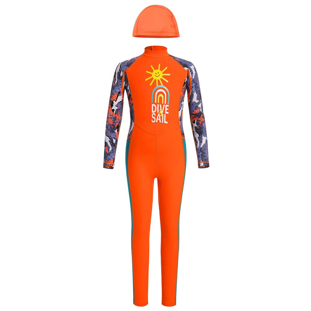 IMEKIS Kids Boys Girls Full Body Wetsuit Rash Guard Long Sleeve One Piece Bathing Suit Swimwear Child Water Sports Diving Surf UPF 50+ Swimsuit with Hat Orange 5-6 Years
