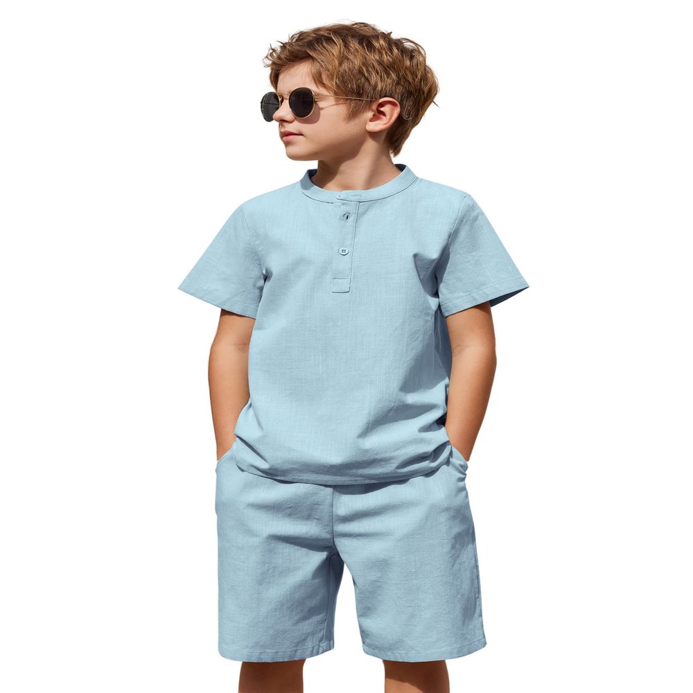 Arshiner Boy 2 Piece Cotton Linen Set Henley Shirts and Shorts Outfits Summer Casual Beachwear Light Blue 10-11 Years