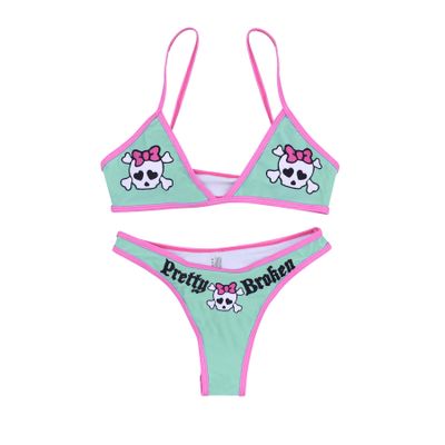 Women's Letter Skull Print Goth Swimsuit 2 Piece Sexy Triangle Bikini Bathing Suit for Rave Festival Halloween Green