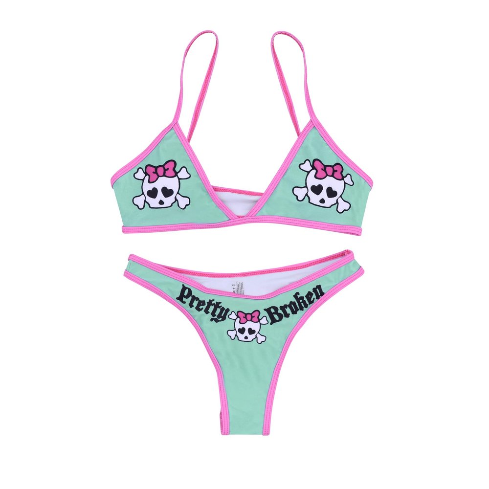 Women's Letter Skull Print Goth Swimsuit 2 Piece Sexy Triangle Bikini Bathing Suit for Rave Festival Halloween Green