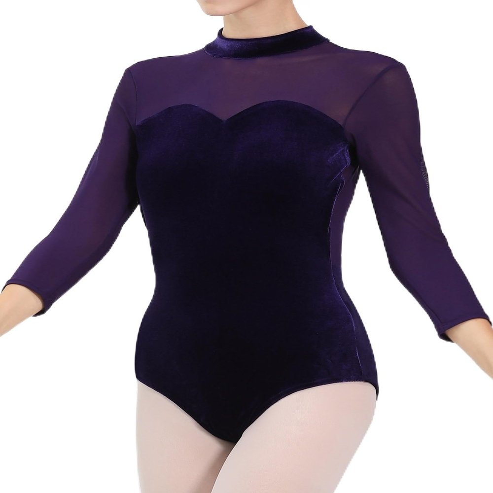 Dance Elite - Pia - Velvet & Net Dance Leotard For Women. Leotards for Women Ballet and Dance (Dark Purple, Adult S)