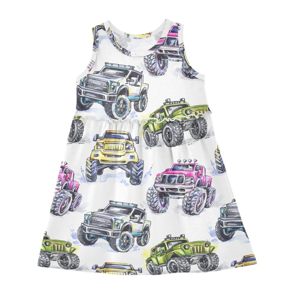 Aflyko Sleeveless Dress for Girl Monster Truck Watercolor Casual Dress Loose Fit Sundress Summer Infant Tank Playwear Dance Dress Cute Kiddo Outfit 4T