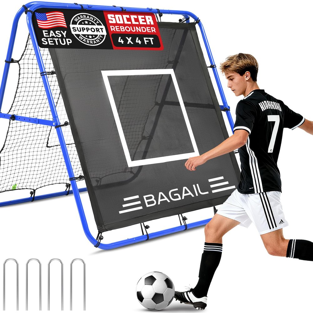 BAGAIL Soccer Rebounder Net, 4 x 4 Ft Pitch Back Baseball Softball Rebounder, Angle Adjustable Rebound Net for Control, Passing Practice, Easy Setup Bounce Back Net Gifts for Training - Blue