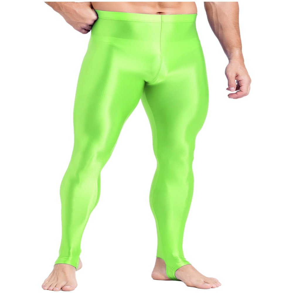 Miutii Men's Silky Compression Tights Pant Quick Dry Base Layer Breathable Training Long Trousers Fluorescent Green B Large