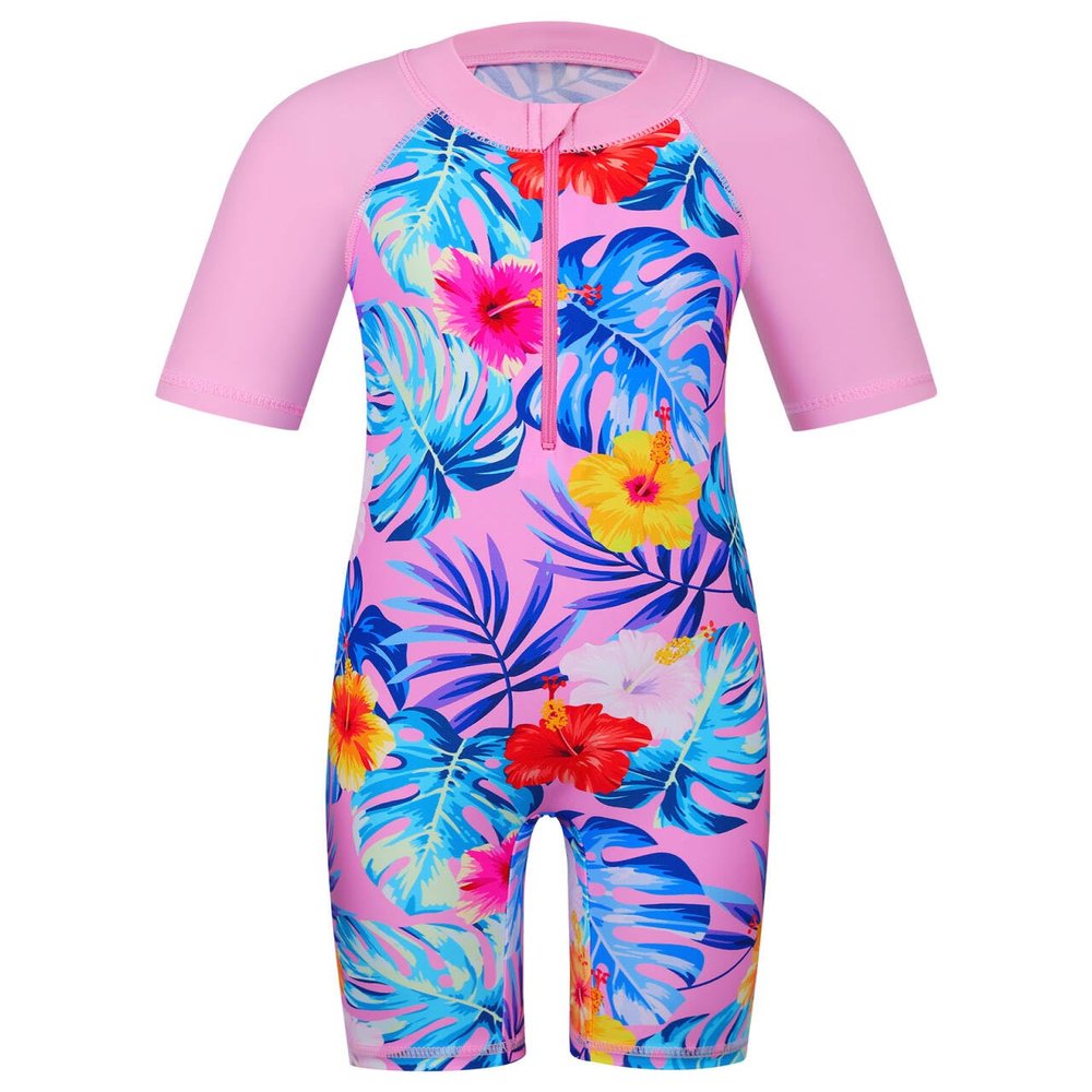 Girls Swimsuit UPF 50+ UV One Piece Swimwear Zipper Rashguard Bathing Suit S376_PinkFlower_12A