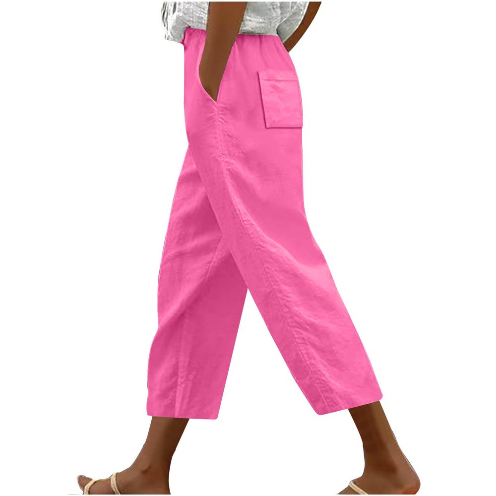 bawilom Capris for Women Summer Casual Loose Fit Cropped Pants Workout Drawstring Elastic Waist Lounge Trousers with Pockets Pink