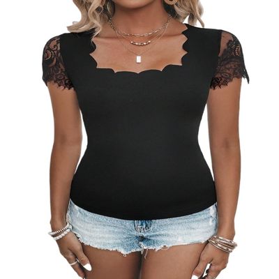 ELDINA Women's 2024 Summer Short Sleeve T-Shirt Black Contrast Lace Trim Tee, Small