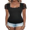 ELDINA Women's 2024 Summer Short Sleeve T-Shirt Black Contrast Lace Trim Tee, Small view 1