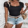ELDINA Women's 2024 Summer Short Sleeve T-Shirt Black Contrast Lace Trim Tee, Small view 2