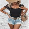 ELDINA Women's 2024 Summer Short Sleeve T-Shirt Black Contrast Lace Trim Tee, Small view 4