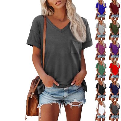 slqdgmryz Womens V Neck T Shirts Summer Cute Short Sleeve Tops 2025 Casual Plain Loose Fitting Pocket Spring Blouses Dressy Trendy Tunic Tops with Leggings Business Office Outfits S-2Xl Black