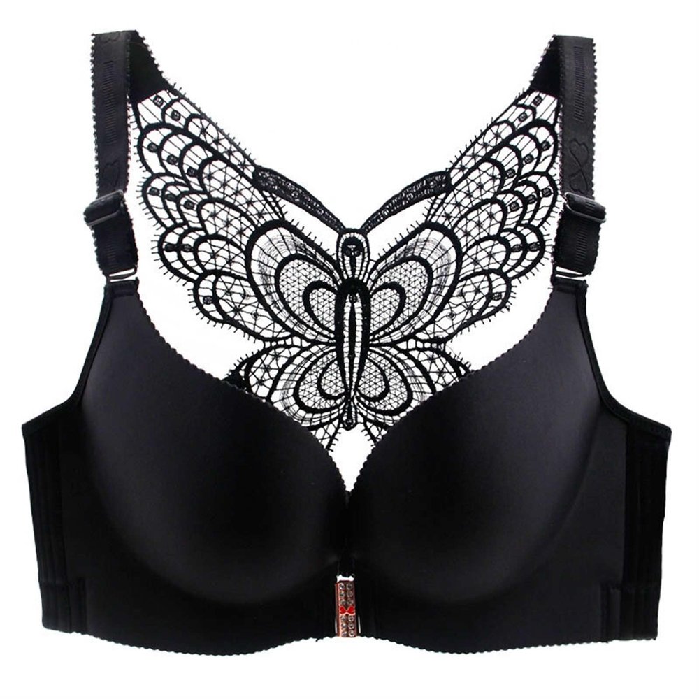 NineFit Basics B, C, D, E,No Rims Front Buckle Cross Back Large Sexy Lingeries Women Plus Size Beauty Push Up Bra Wireless Underw (Color : Black, Size : 44D)