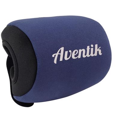 Aventik Neoprene Fishing Reel Cover Pouch Round Baitcasting Trolling Reels Storage Conventional Reel Cover Durable Soft Protection (Black/Blue, L:4.3''Width x 3.3''Diameter)