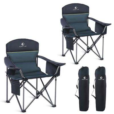 2 Pack Oversized Folding Camping Chairs High Back Heavy Duty Padded Lawn Chair for Adults Support up to 450lbs with Cup Holder, Side Pocket Cooler Bag, Green