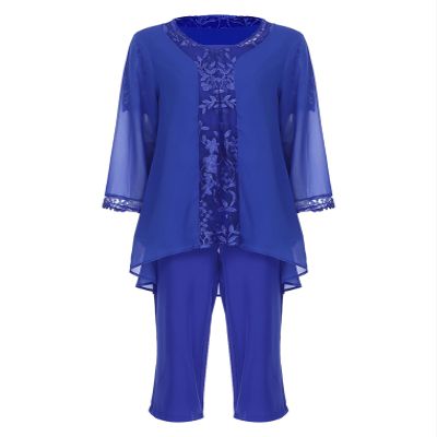 Hularka Women's Mother of The Bride Pants Suits Chiffon Lace 3 Piece Wedding Guest Outfits Evening Gowns Sets Q Blue X-Large