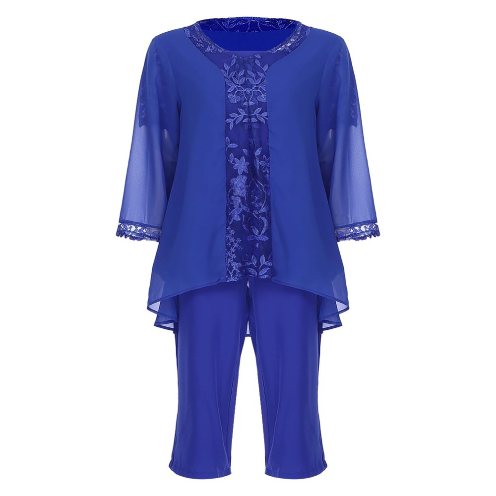 Hularka Women's Mother of The Bride Pants Suits Chiffon Lace 3 Piece Wedding Guest Outfits Evening Gowns Sets Q Blue X-Large