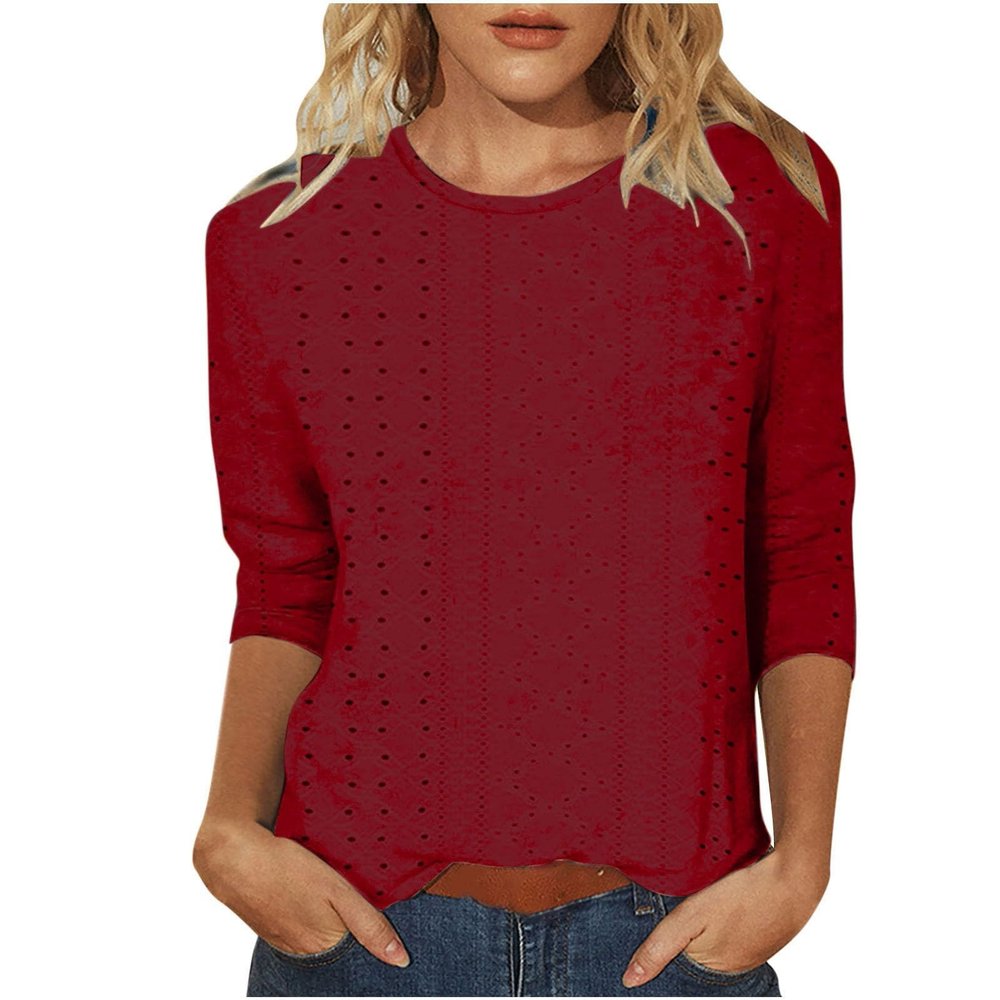 NineFit Basics Womens Tops 3/4 Length Sleeve Eyelet Embroidery Tops Dressy Casual Summer Tunic Blouses Crewneck Tee Shirts Cutout Holiday T-Shirts, X-Large