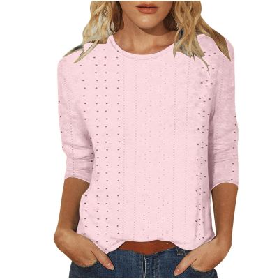 Womens Plus Size Tops Crewneck Eyelet Embroidery Cutout Short Sleeve Tshirts Summer Plain Slim Comfy Button Blouses Eyelet Embroidery Short Sleeve Tops Shirts Solid Retro Plain Holiday T-Shirts