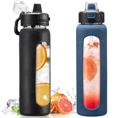 Kodrine Water Bottle With Straw 24 oz Glass Water Bottle Black and 32 oz Water Bottle Navy Blue Bundle Items