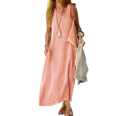 Akivide Women's Sleeveless Cotton Linen Maxi Dress Casual Loose V Neck Tank Dress Summer Flowy A-Line Sundresses