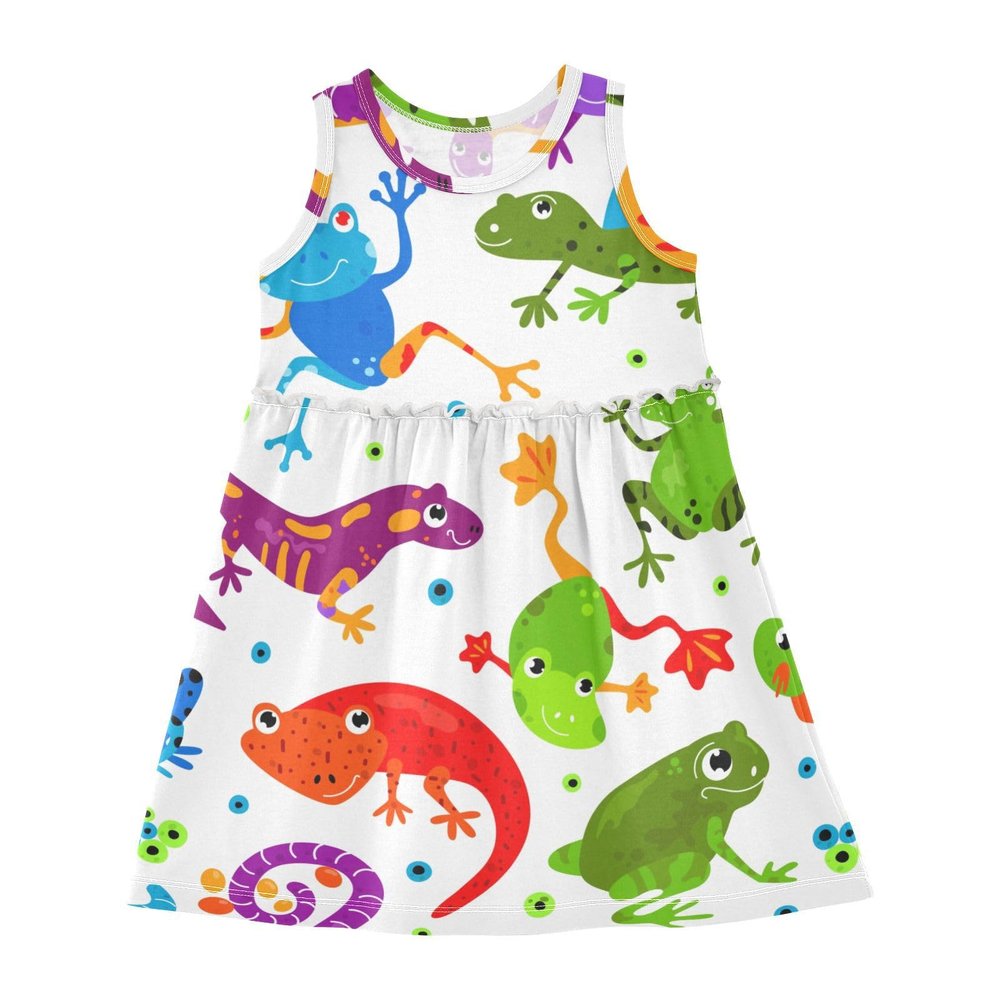 Aflyko Girls Dresses Rainbow Cartoon Frog Lizard Snake Summer Sleeveless Dress Casual Fit Toddler Playwear Infant Lovely Everyday Wear Themed Birthday Party Dress 3T