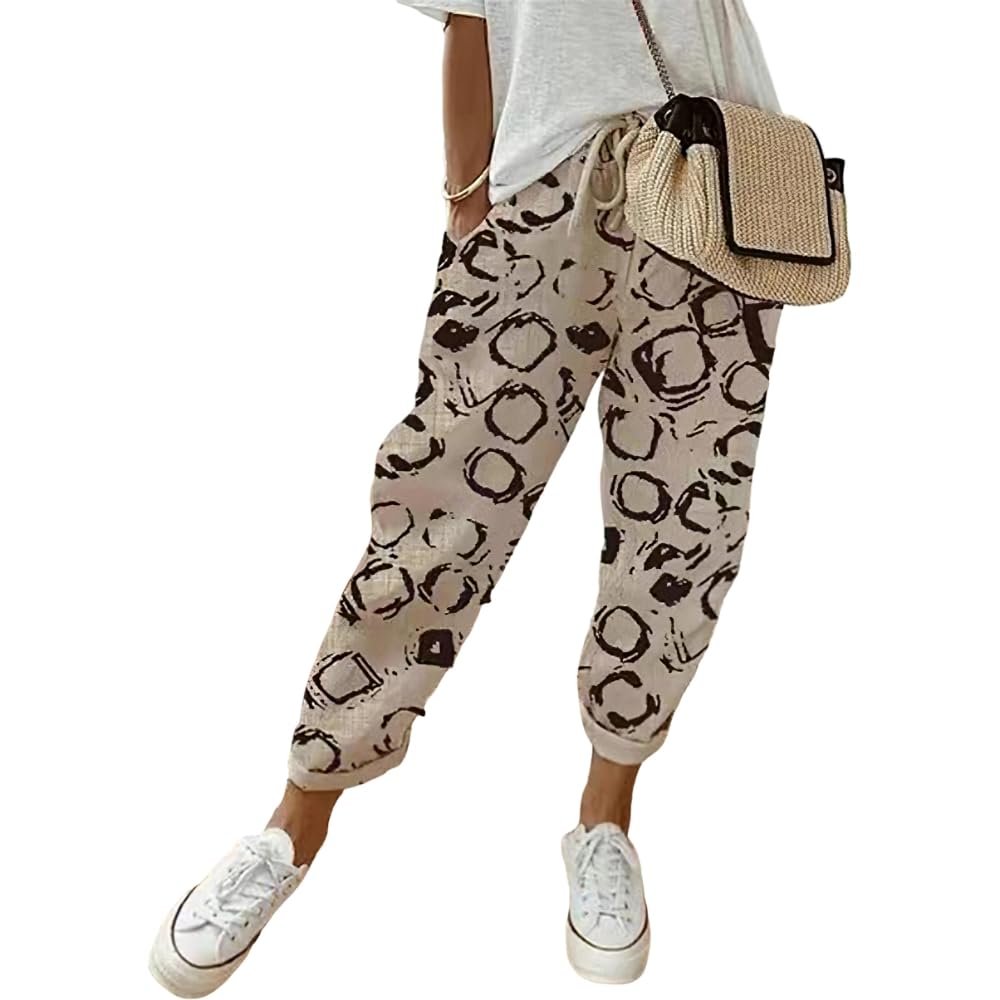 Akivide Womens Cotton Linen Floral Print Pants with Pockets Casual Loose Harem Baggy Wide Leg Drawstring Cropped Trousers, Medium