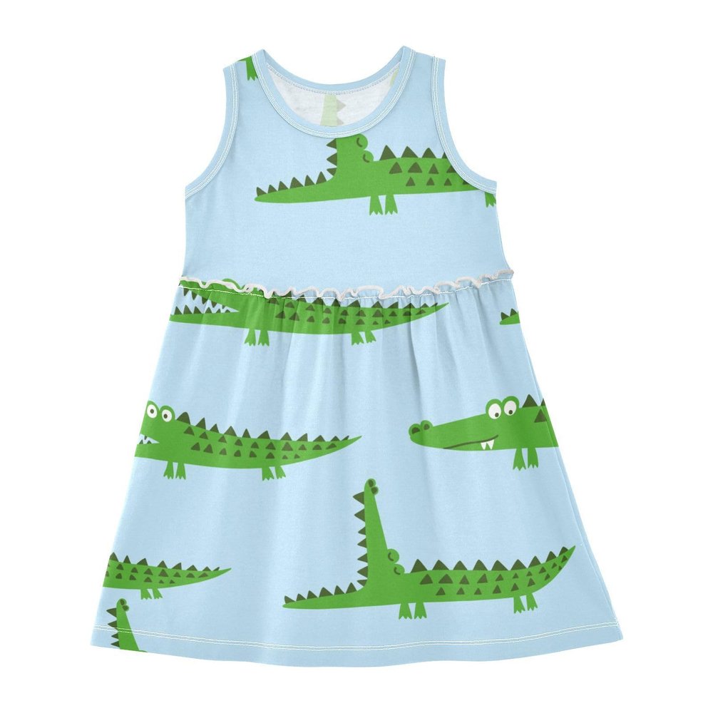 Aflyko Sleeveless Dress for Girl Sleepy Green Alligator Summer Casual Dress Loose Fit Sundress Summer Infant Tank Playwear Dance Dress Cute Kiddo Outfit 4T
