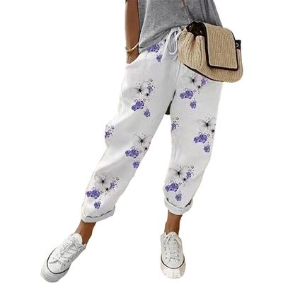 Akivide Womens Cotton Linen Floral Print Pants with Pockets Casual Loose Harem Baggy Wide Leg Drawstring Cropped Trousers, Large