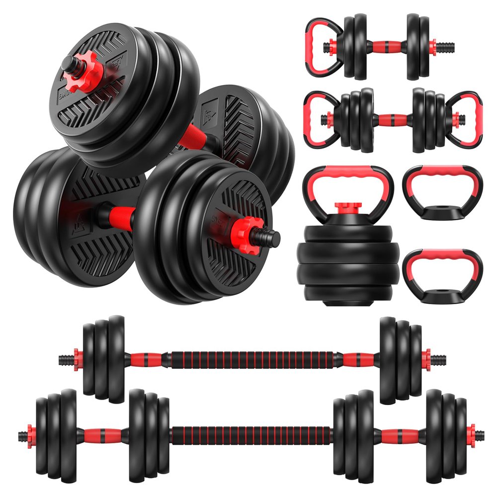 85LB Adjustable Dumbbells Sets, 4 in 1 Free Weight Set Adjustable Weight Dumbbell Set, Weights Home Gym Equipment with Dumbbell, Barbell, Kettlebell, Push-Up Modes for Total Body Workouts (Red)