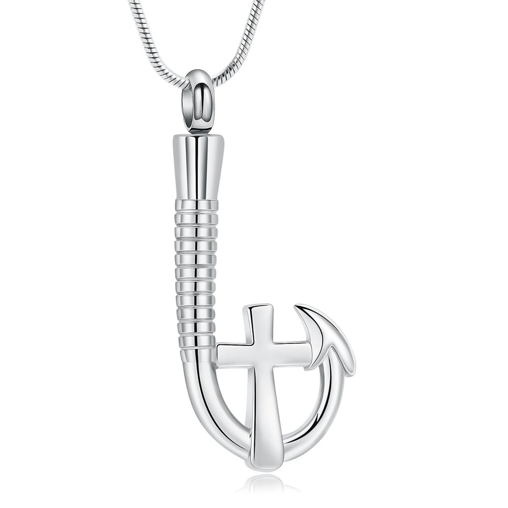 AIWENXI Fishhook Urn Necklace for Ashes Mini Cross Cremation Jewelry Stainless Steel Fishing Keepsake Ash Pendant Heaven Memorial Cremation Jewelry for Women Men Gifts