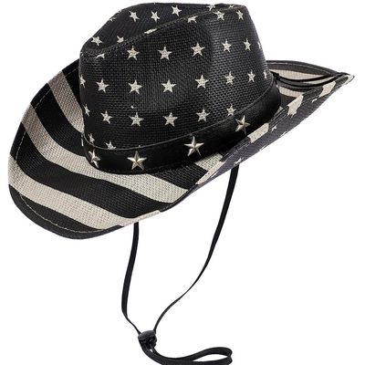 Straw Cowboy Hat for Men Women Stripe Star Sun Hat Cowgirl National Day Panama with Chin Strap Summer Sombrero Parade Bucket Black