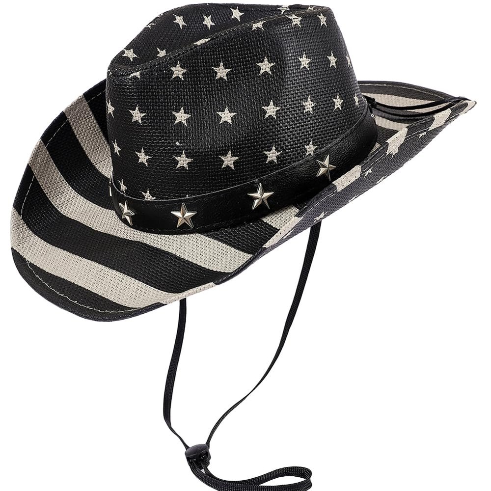 Straw Cowboy Hat for Men Women Stripe Star Sun Hat Cowgirl National Day Panama with Chin Strap Summer Sombrero Parade Bucket Black