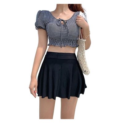 YJKJHAIG Cute Puff Sleeve Contrast Color Two Piece Swimsuit Plaid Swimwear Push Up Monokini Bathing Suit Korea Style (Color : 1, Size : X-Large)