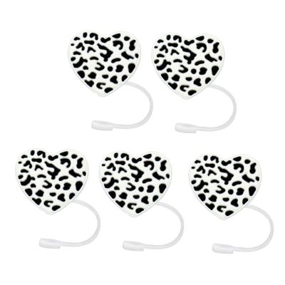 5pcs Straw Lid Reusable Silicone Straw Covers Heart-Shaped Leopard Print Straw Plug For Tumblers Cup Accessories Home Straw Cover For Party