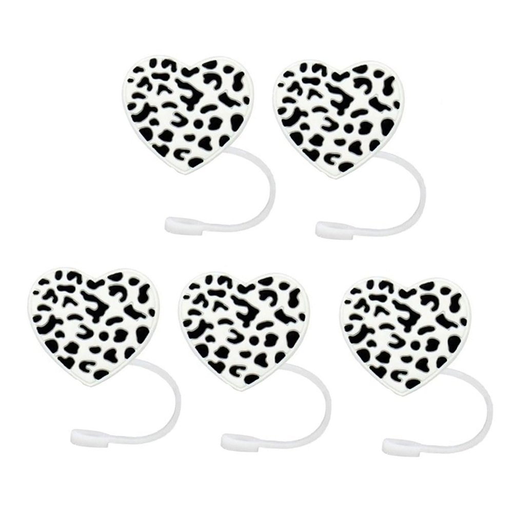 5pcs Straw Lid Reusable Silicone Straw Covers Heart-Shaped Leopard Print Straw Plug For Tumblers Cup Accessories Home Straw Cover For Party