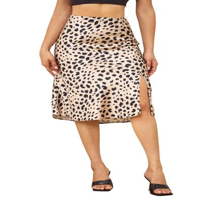 ALCEA ROSEA Women High Waist Silky Satin Midi Skirt Elastic Waist A Line Skirt with Slit 1951 (Leopard, XL)