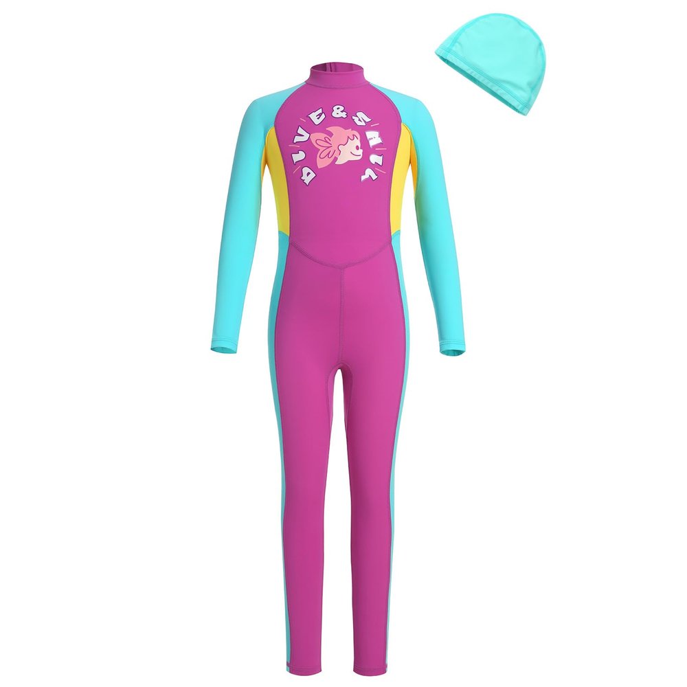 AFAVOM Kids One Piece Swimsuit Boys Girls Long Sleeve Surfing Rash Guard UPF 50+ UV Swimwear Bathing Suit Beach Sun Protection Wetsuit Full Body Jumpsuit Swimming Lesson Suit + Cap Purple 7-8 Years