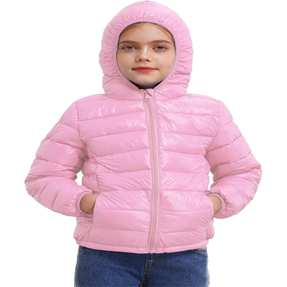 ACSUSS Kids Teens Winter Coat Puffer Jackets Boys Girls Long Sleeve Zip Up Hoodie Ultra Lightweight Down Coat Pink 9-10 Years
