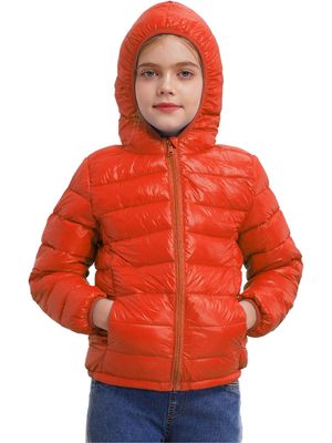 ACSUSS Kids Teens Winter Coat Puffer Jackets Boys Girls Long Sleeve Zip Up Hoodie Ultra Lightweight Down Coat Orange 9-10 Years