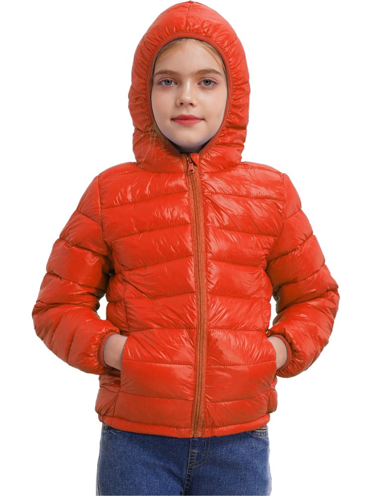 ACSUSS Kids Teens Winter Coat Puffer Jackets Boys Girls Long Sleeve Zip Up Hoodie Ultra Lightweight Down Coat Orange 9-10 Years