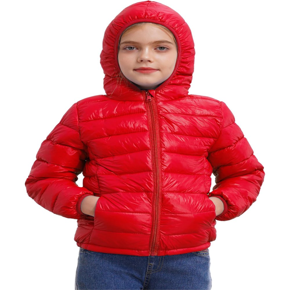 ACSUSS Kids Teens Winter Coat Puffer Jackets Boys Girls Long Sleeve Zip Up Hoodie Ultra Lightweight Down Coat Red 9-10 Years