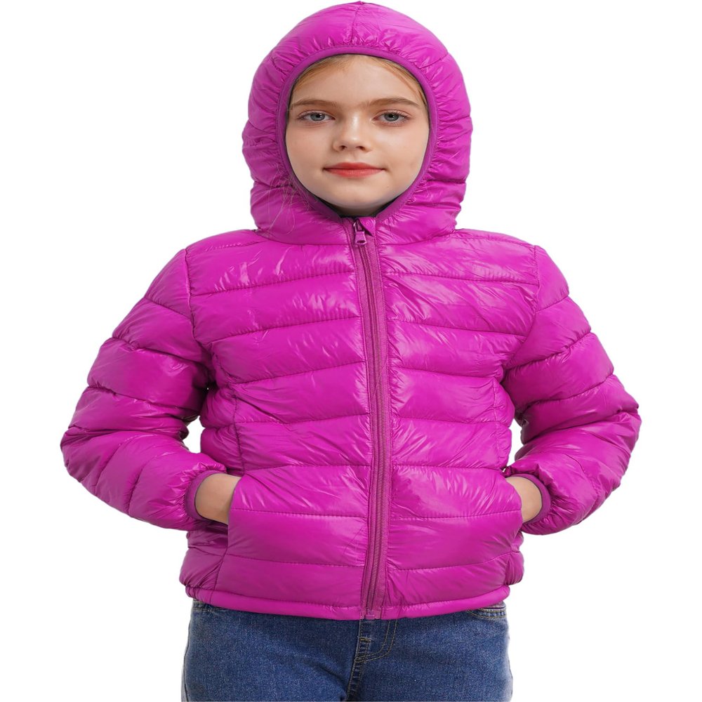 ACSUSS Kids Teens Winter Coat Puffer Jackets Boys Girls Long Sleeve Zip Up Hoodie Ultra Lightweight Down Coat Hot Pink 9-10 Years