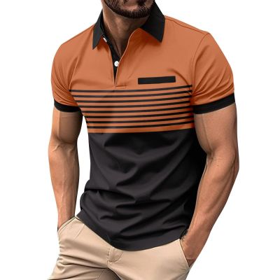Generic Men Fashion Color Block Polo Shirts Short Sleeve Button Lapel Tennis Golf Tshirt Casual Striped Moisture Wicking Workout Tops Orange, Medium