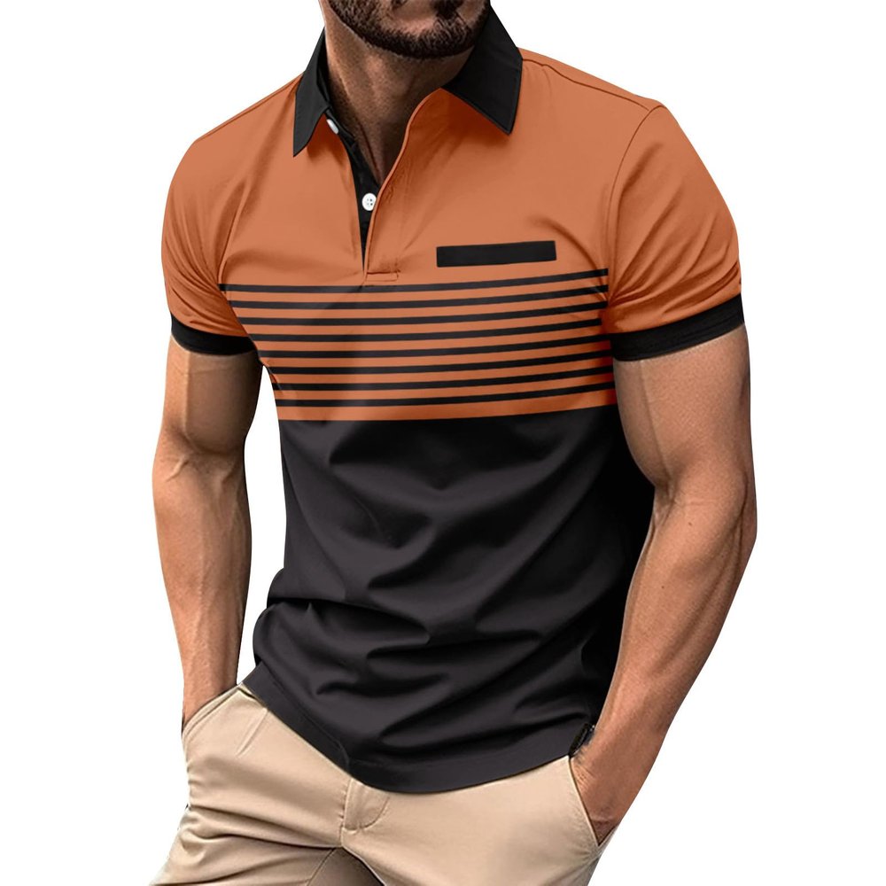 Generic Men Fashion Color Block Polo Shirts Short Sleeve Button Lapel Tennis Golf Tshirt Casual Striped Moisture Wicking Workout Tops Orange, Medium