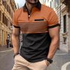 Generic Men Fashion Color Block Polo Shirts Short Sleeve Button Lapel Tennis Golf Tshirt Casual Striped Moisture Wicking Workout Tops Orange, Medium view 2