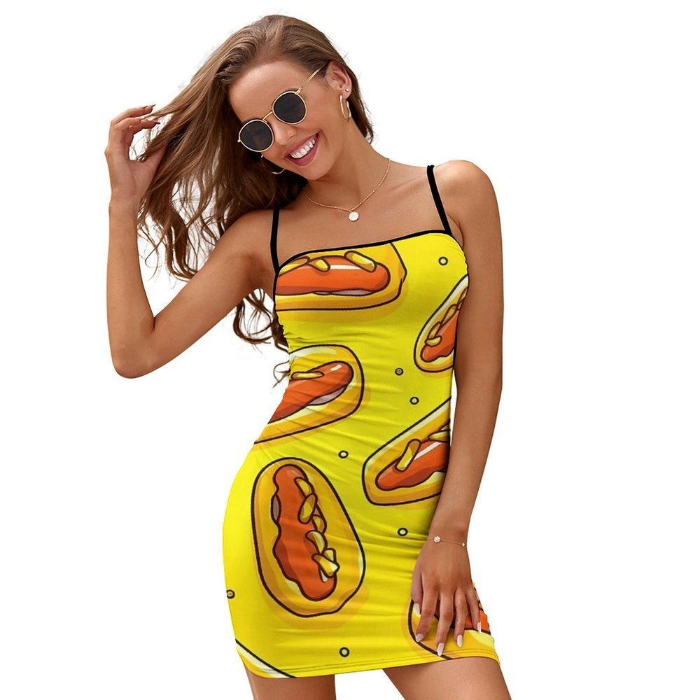Hot Dog Women's Mini Dress Sexy Bodycon Dress Spaghetti Strap Short Backless Club Dress XL