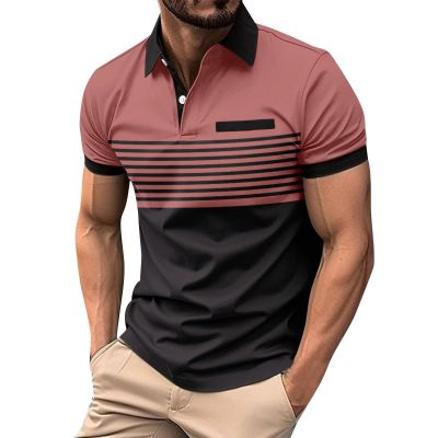 Generic Men Fashion Color Block Polo Shirts Short Sleeve Button Lapel Tennis Golf Tshirt Casual Striped Moisture Wicking Workout Tops Pink, X-Large