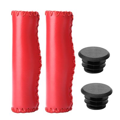 Bike Handlebar Grips, Comfort PU Leather Grips Hand Stitched Beach Cruiser Bike Grips with Double Lock, Fits Most 22mm (0.9") Bicycle Handlebar(Red)